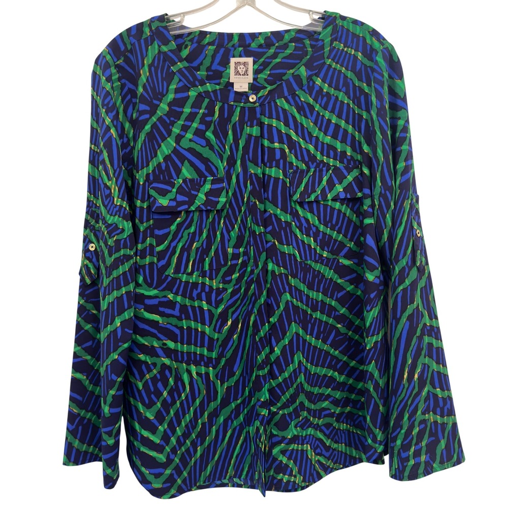 Anne Klein Navy Blue Green Zebra Print Blouse Button Front Roll Tab Pocket M